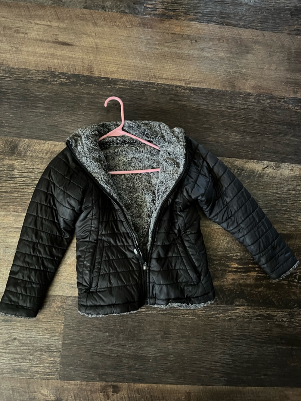 The North Face Kids Black Quilted Puffer Jacket with Gray Sherpa Lining
